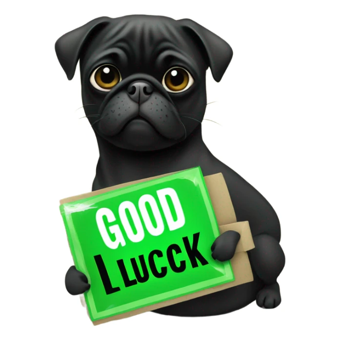 Black pug holding a green sign that says good luck  sticker