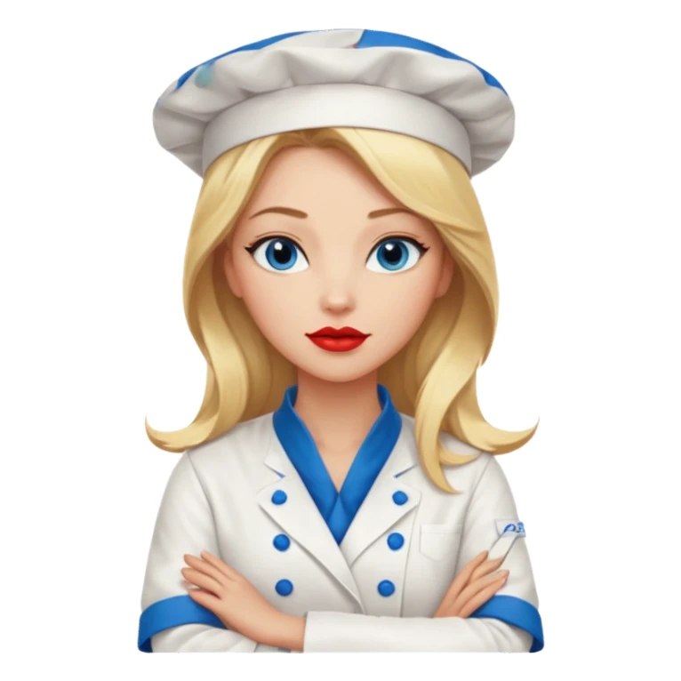 Beautiful, sexy,  long blonde hair, blue eyed, full red lips plunging v neck chefs coat, female chef arms folded  sticker