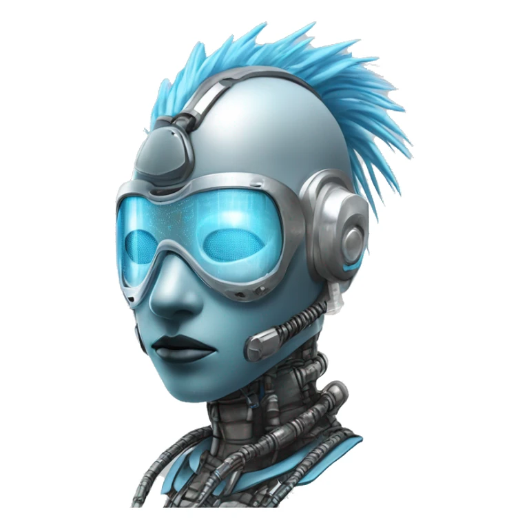 Light blue Mohawk female cyborg head with silver respirator mask and circuits sticker