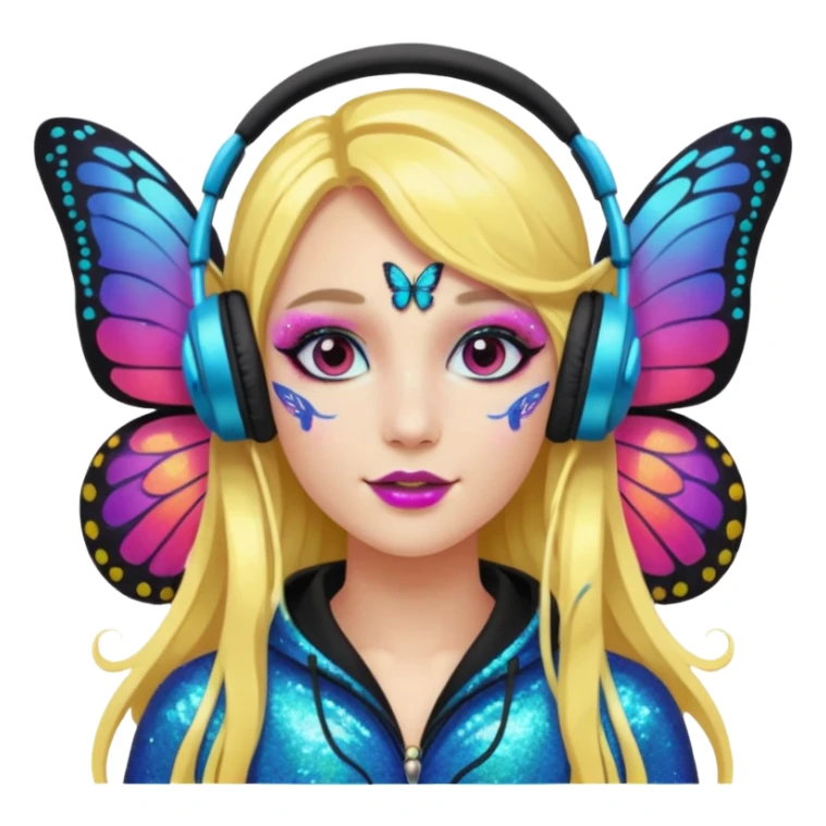 long haired make glitter makeup fairy wearing headpones wing butterfly wings  sticker