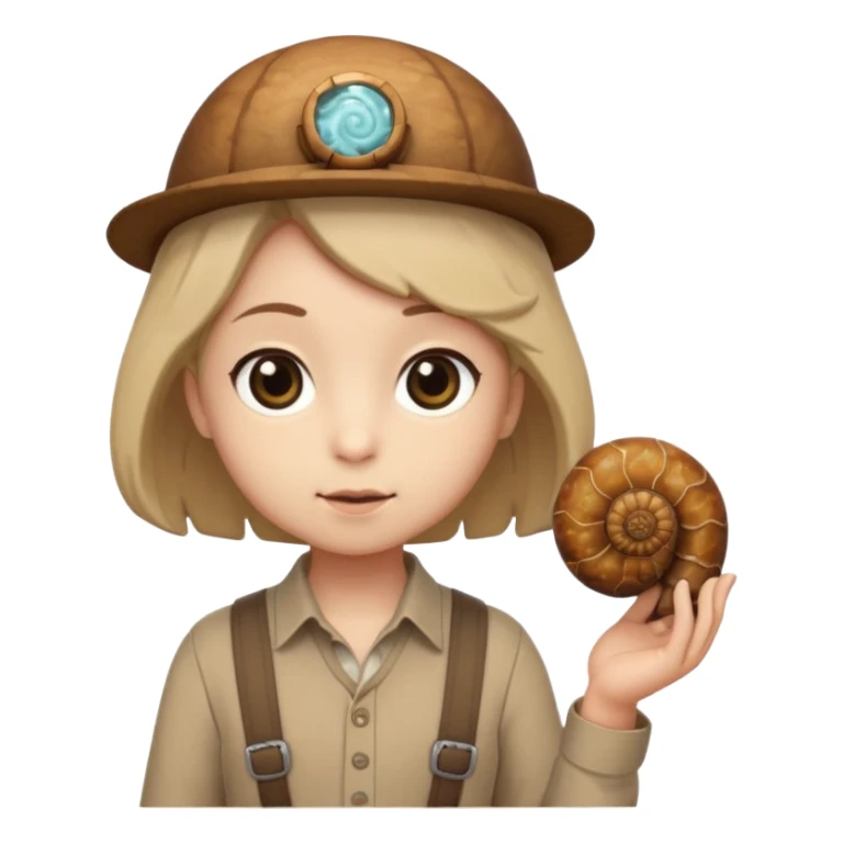 Shelly has a small, chibi-style body with a large ammonite-shaped head that looks like a beige fossil shell. One side of her head has a dark opening, making it clear she isn’t human. Her face is simple and soft, with big round eyes. She wears a brown suspender outfit over a lighter shirt sticker