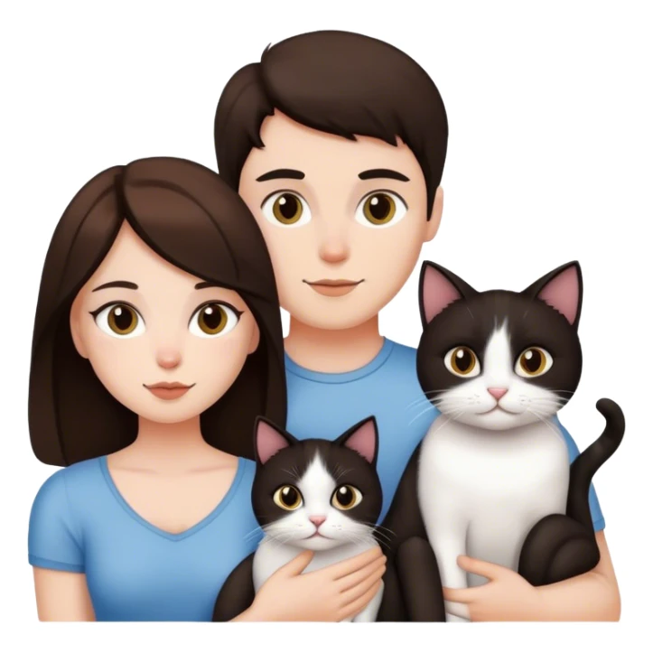 brunette couple and two cat. one is black cat one is white sticker
