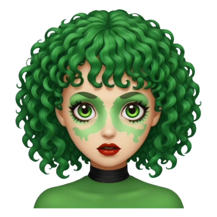 crie uma mulher, vibe total terror, mas ela com cabelo cacheado e franja, e pele verde sticker