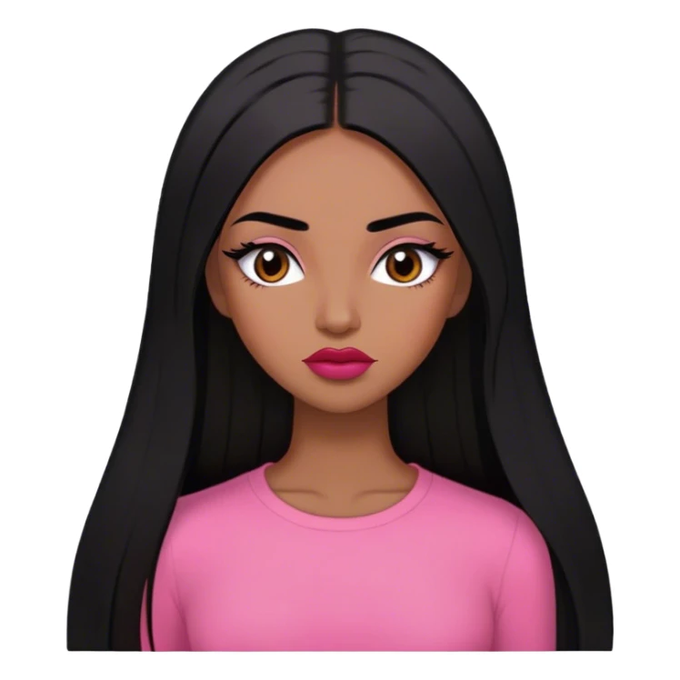 Woman,Medium brown skin,super long black straight hair, medium brown arched eyebrows, full lashes, red nude lips , pink shirt sticker