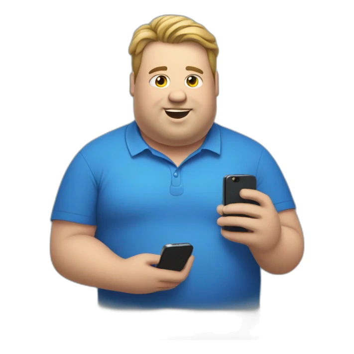 fat man in a blue shirt holding a phone sticker