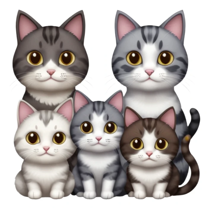 4 different coloured short haired cats including; a dark brown and white cat, and a dark grey and white  sticker