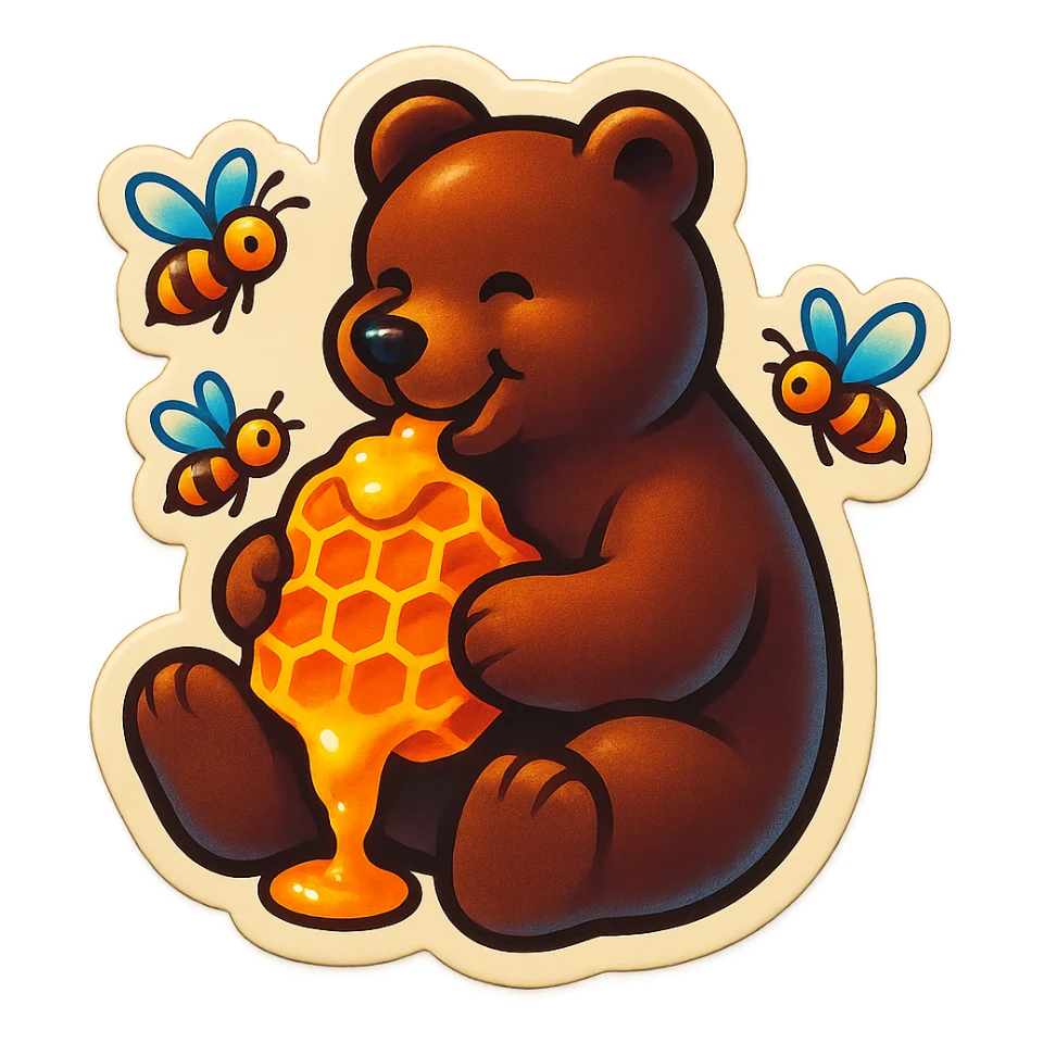 bear eating honeycomb with bees flying around sticker