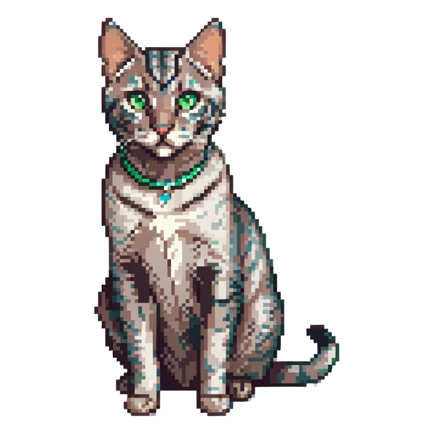 A silver Bengal cat with green eyes, sitting. sticker