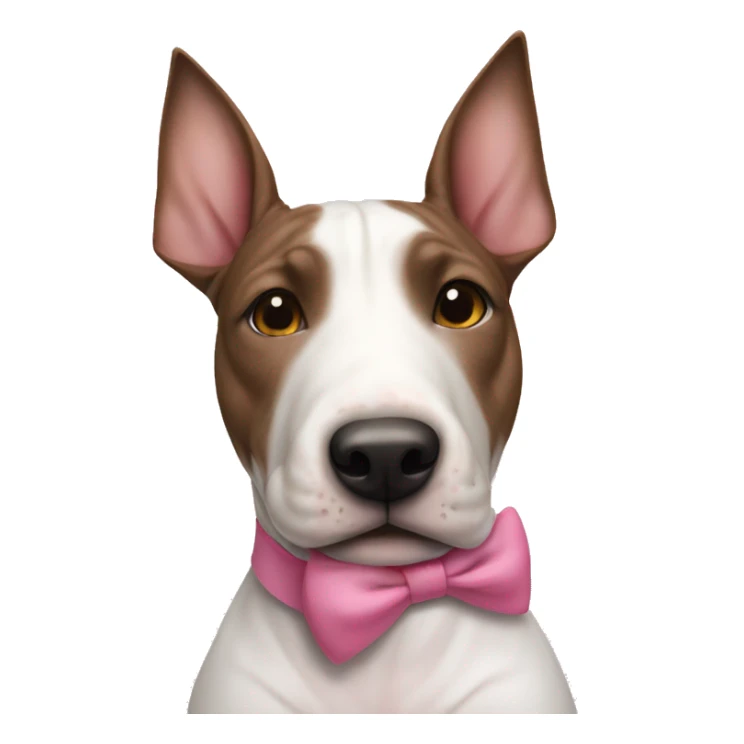 female mostly brindle bull terrier with small amount of white around nose and a pink bow around neck sticker