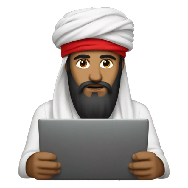 A caliph with turban and red clothes writing in a laptop sticker