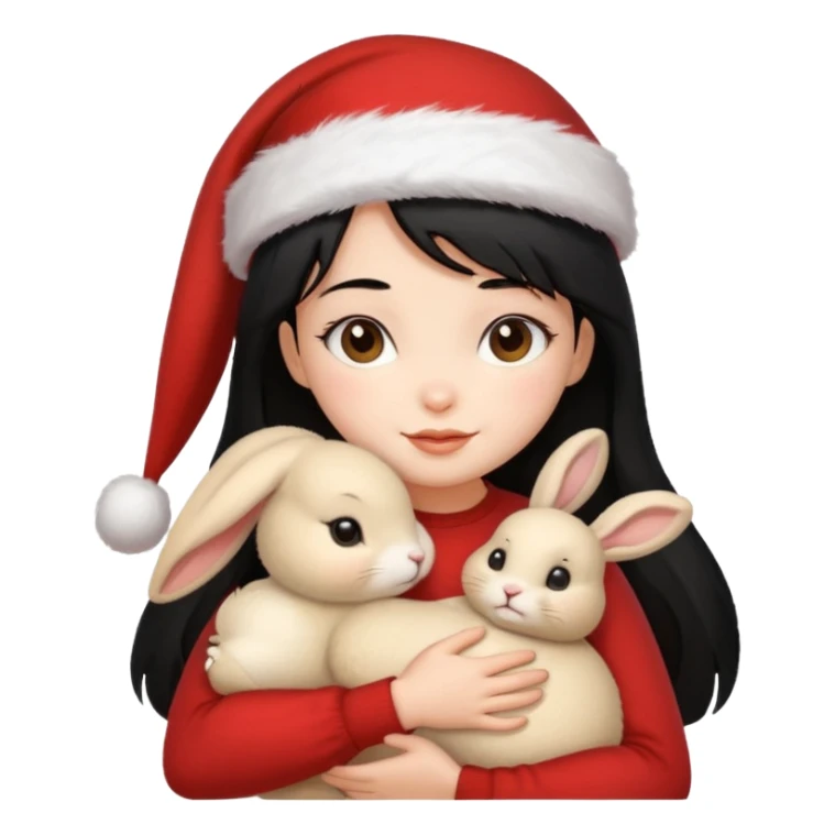 Girl black hair hugging one beige rabbit christmas sticker