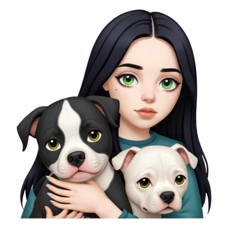 billie eilish long black hair dark eyeliner makeup, holding pitbull dog sticker