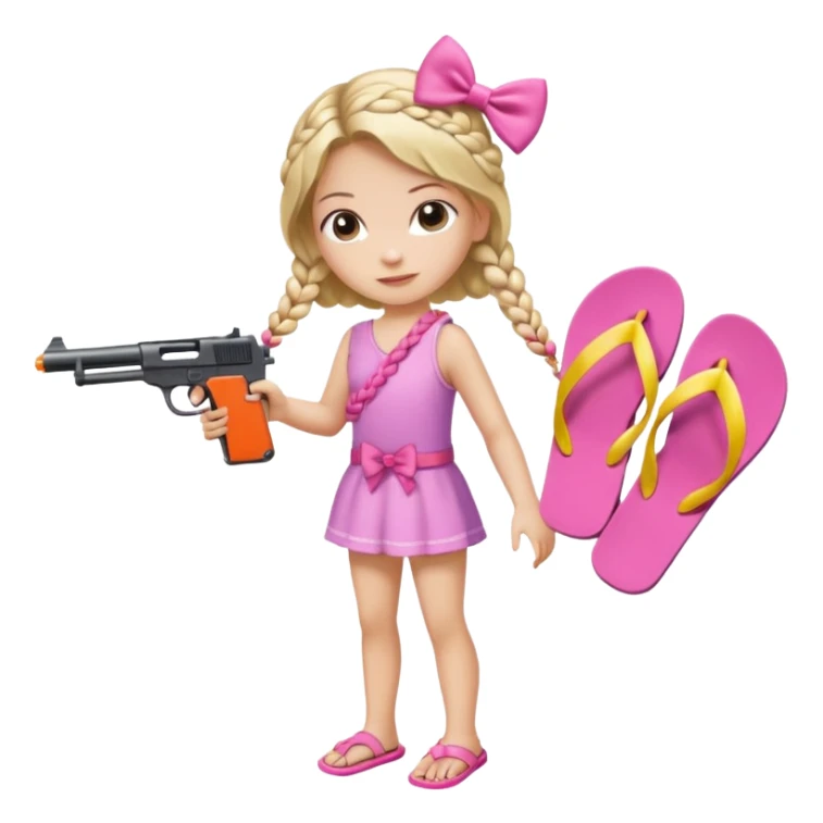 A girl who has a braid on one should and has a flipflop in one hand that has a bow while in the other hand she has a gun with a bow  sticker