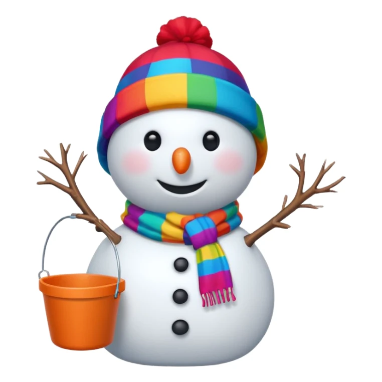 A snowman wearing a colorful scarf and a tiny bucket hat. sticker