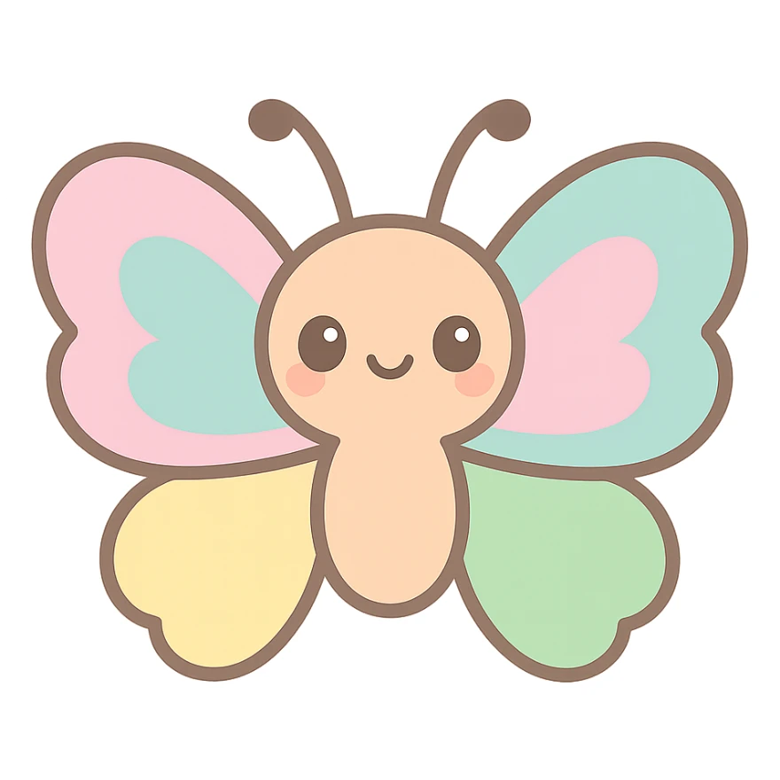 kawaii butterfly with a cute face, pastel rainbow wings, simple and adorable, soft colors sticker