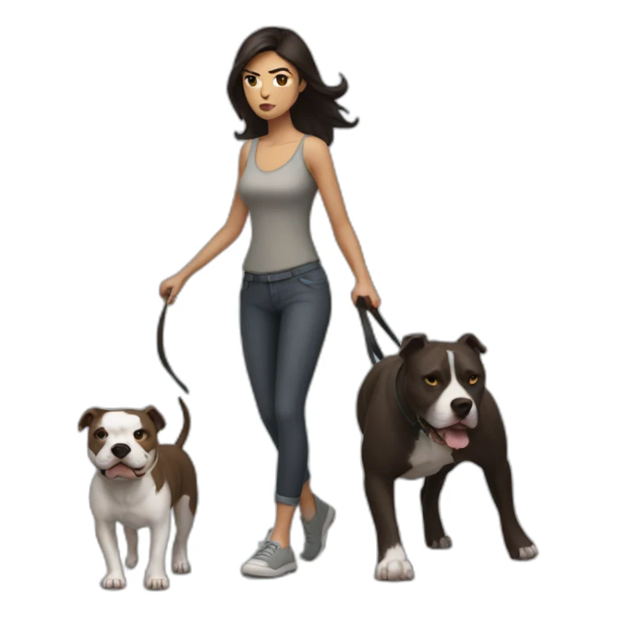 a woman with dark hair is angry and walks with a pitbull sticker