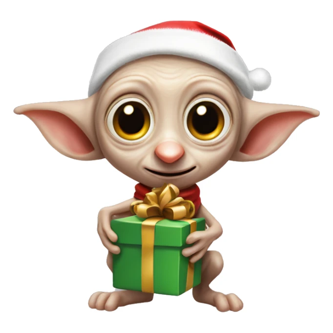 Dobby the house-elf wearing a tiny Santa hat, holding a wrapped gift with his big, joyful eyes shining sticker