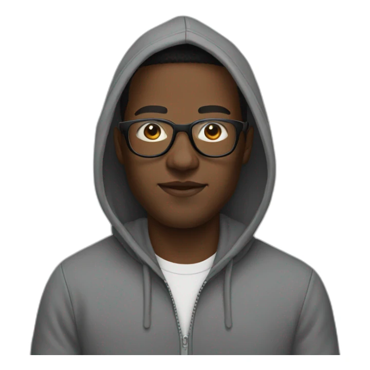 Black man wearing a grey hoodie that is unzipped with glasses sticker