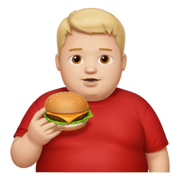 fat boy eating burger wearing red T-shirt sticker