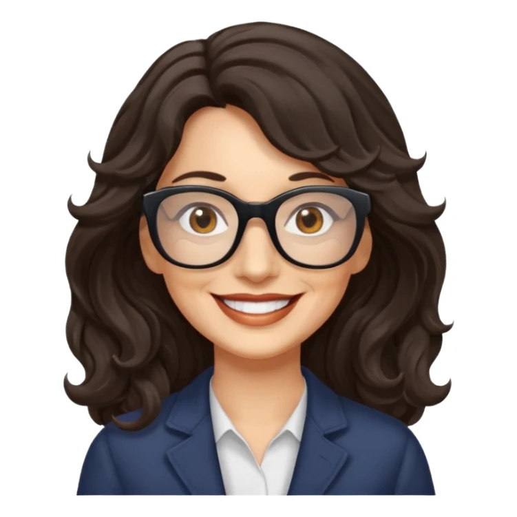 woman 60 long dark weavy hair, brown eyes rectangle dark glasses sticker