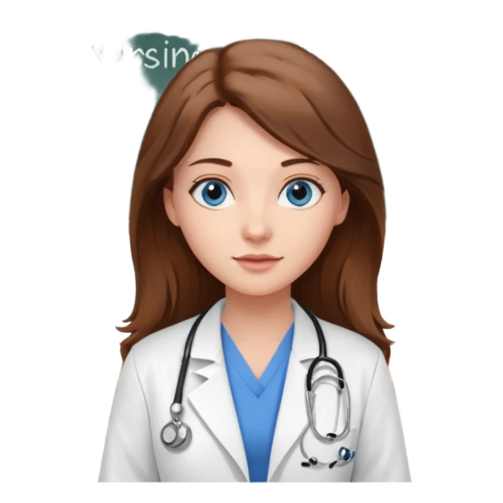 university classroom that says nursing school on the board with a pretty female nursing student with long brown hair, blue eyes sticker