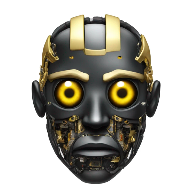 black metal male cyborg head with  one artificial eyeball, circuitry, goatee and dreaded yellow gold hair sticker