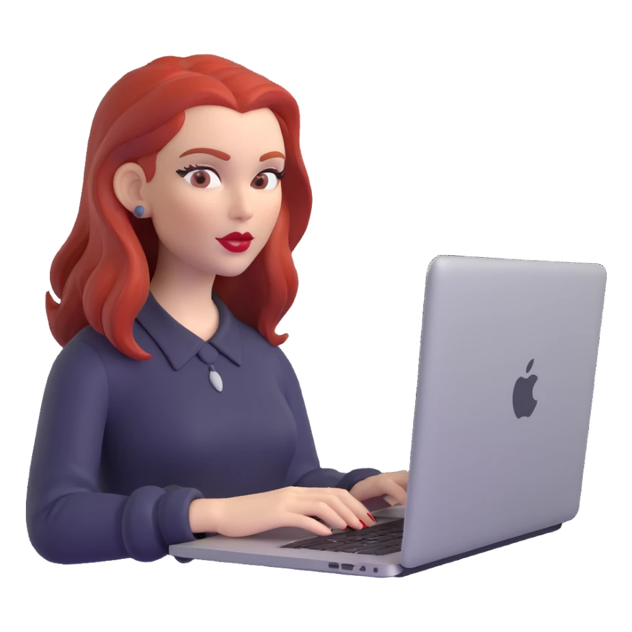 white-skinned red-haired woman with middle-parted red hair, red lipstick, using a MacBook sticker
