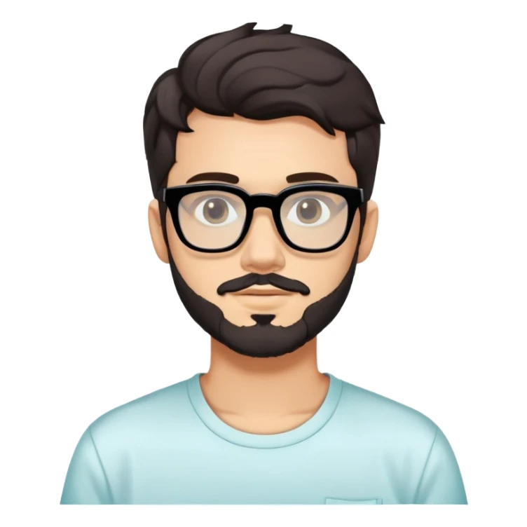 young adult man with light skin, short beard, dark wavy hair, relaxed expression, very wide rectangular glasses with thick black acetate frame and thick double bridge, retro oversized style, colorful open shirt and white t-shirt sticker