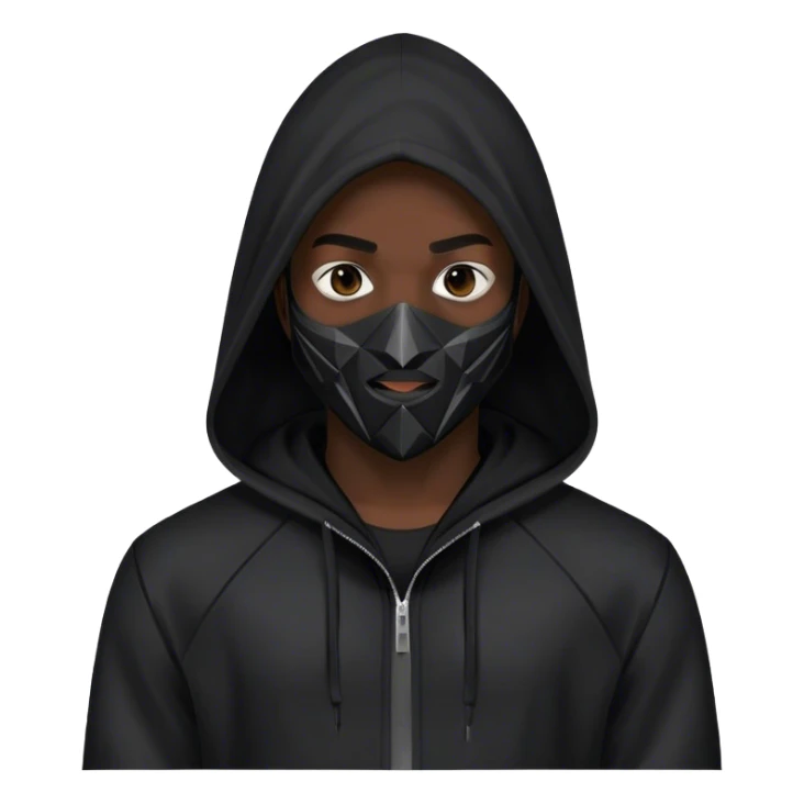 man with black hooded jacket and a full-black full-face geometric mask sticker