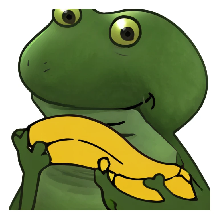 Pepe the frog eating a banana, bufo style meme, silly face sticker