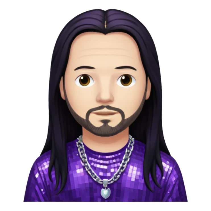 Jonathan Davis with long black hair, purple sequin shirt sticker