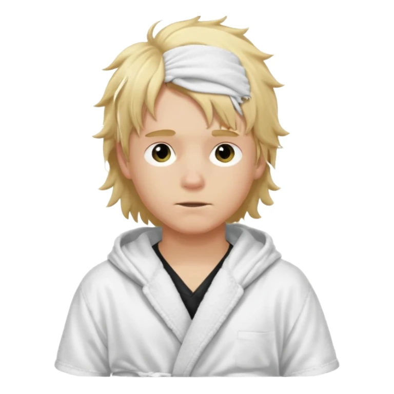Create a blond boy with long, messy hair, light eyes, a white t-shirt, rich, with long hair, blue eyes, medium-length, voluminous hair, wearing a black Nike bathrobe and a little blush near his nose. and with a balaclava sticker