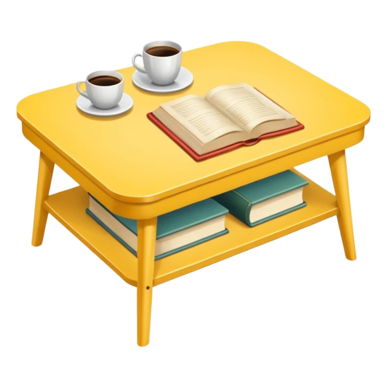 yellow coffe table, coffee on top, books under table
 sticker