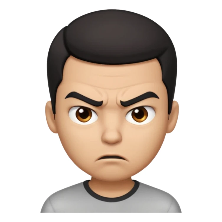 Create a 3D cartoon-style boy character with light brown skin, short straight black hair swept to one side covering part of his forehead, and an angry or annoyed expression. Sharp eyebrows, narrowed eyes, and lips pressed in irritation. sticker