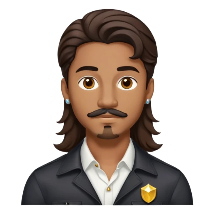 Young man with medium brown skin, mixed-race ethnicity, long wavy dark brown hair with an EXTREMELY PRECISE CENTER PART exactly aligned with the middle of the face, hair parted perfectly symmetrically on both sides, mustache separated from goatee, medium brown eyes, small diamond stud earrings, head only sticker