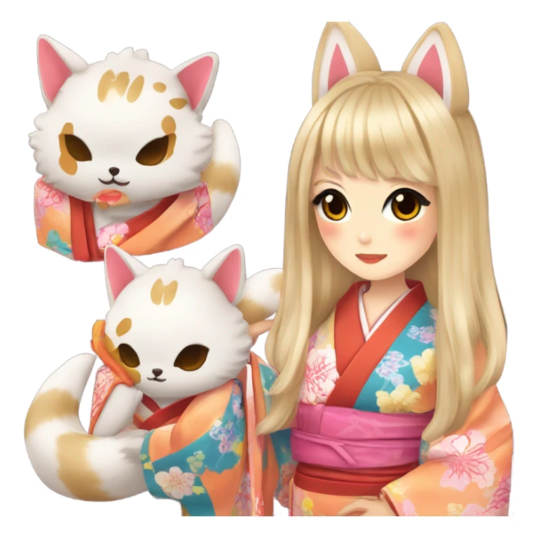hime gyaru girl, kimono, kitsune mask sticker
