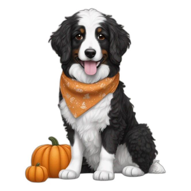 mostly black and white aussie doodle with a pumpkin and fall bandana sticker