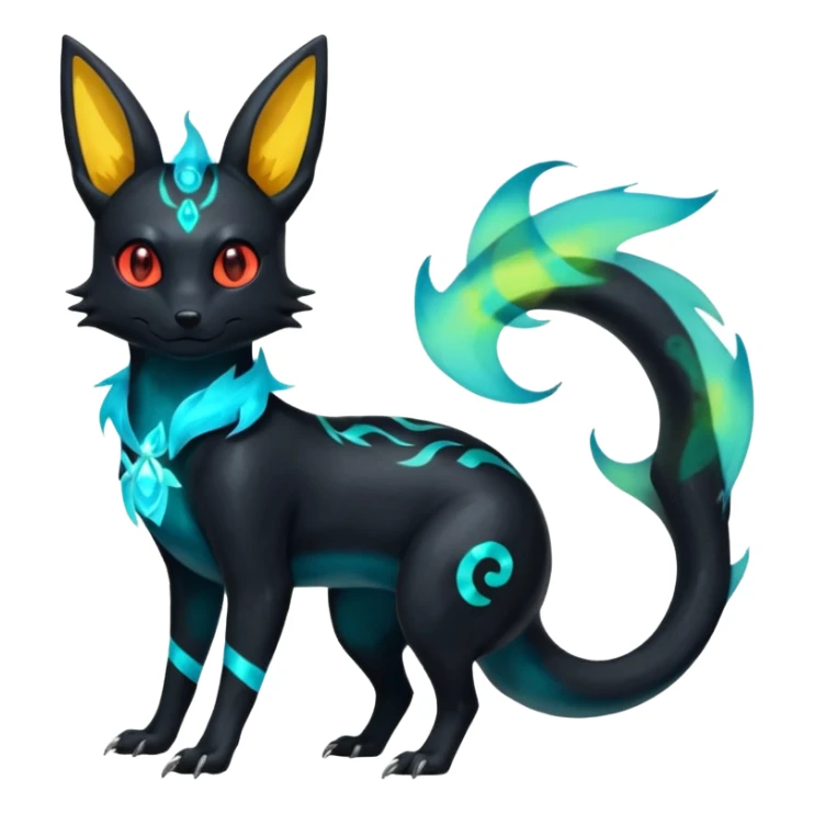 Shiny Fiery Ethereal Eldritch Cool Edgy Badass Punky Aural Iridescent Fluorescent Bioluminescent Umbreon-Amaura-Salandit-Litten-Flareon-Fakémon-fusion (full body)  sticker