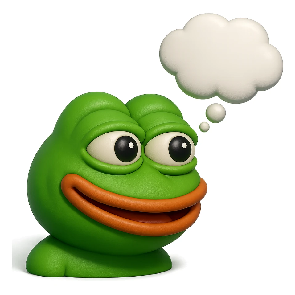 make a pepe in bright green smiling with thought bubble looking at left side in 3d style, good highlights and shadows, drop shadows sticker