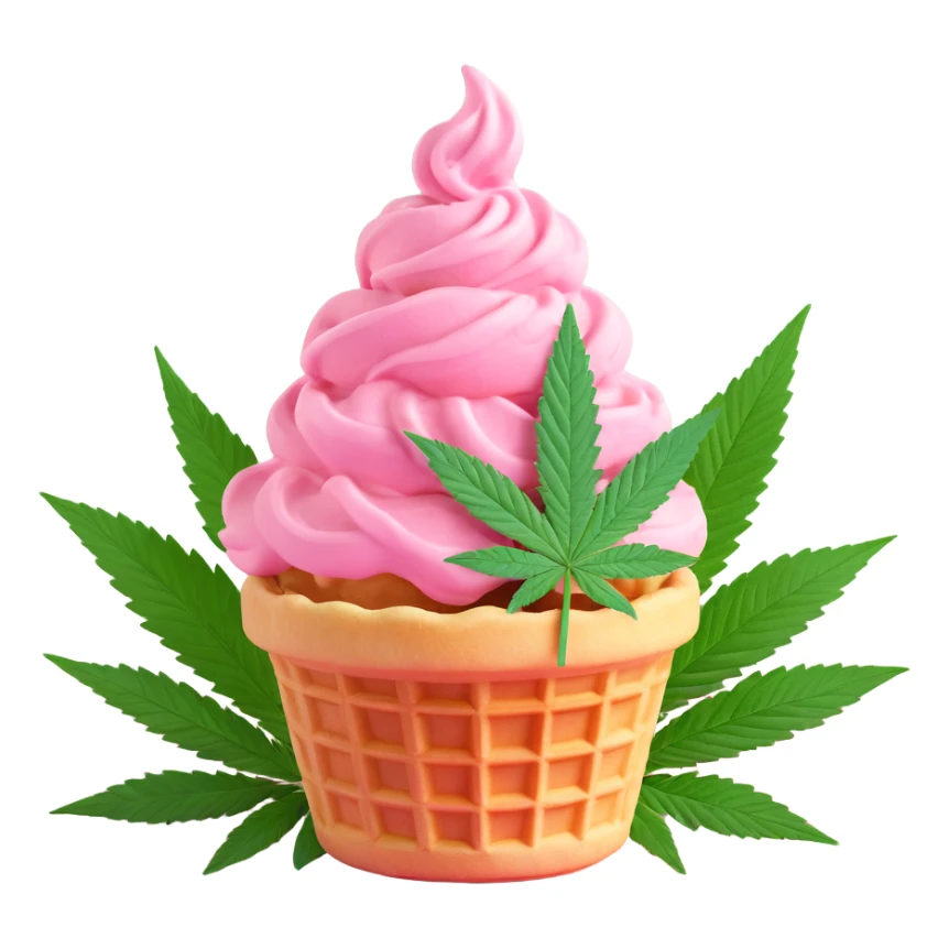 pink gelato in a waffle cup with cannabis leaf sticker