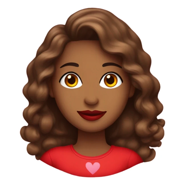 brown lady, medium brown long wavy hair, bright red lips, eyelashes, wearing red “happy Valentine’s Day” t shirt sticker