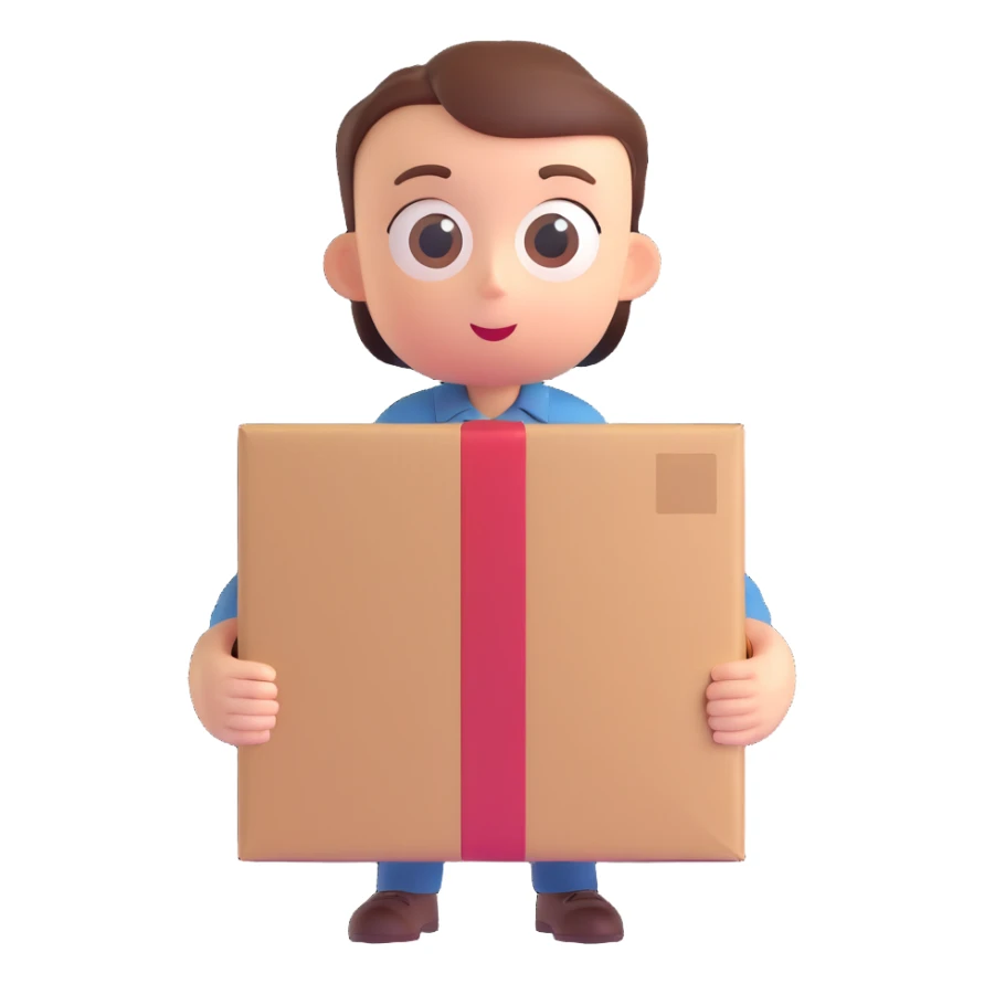 3D emoji style shocked person opening a package, big eyes, round head, friendly colors sticker