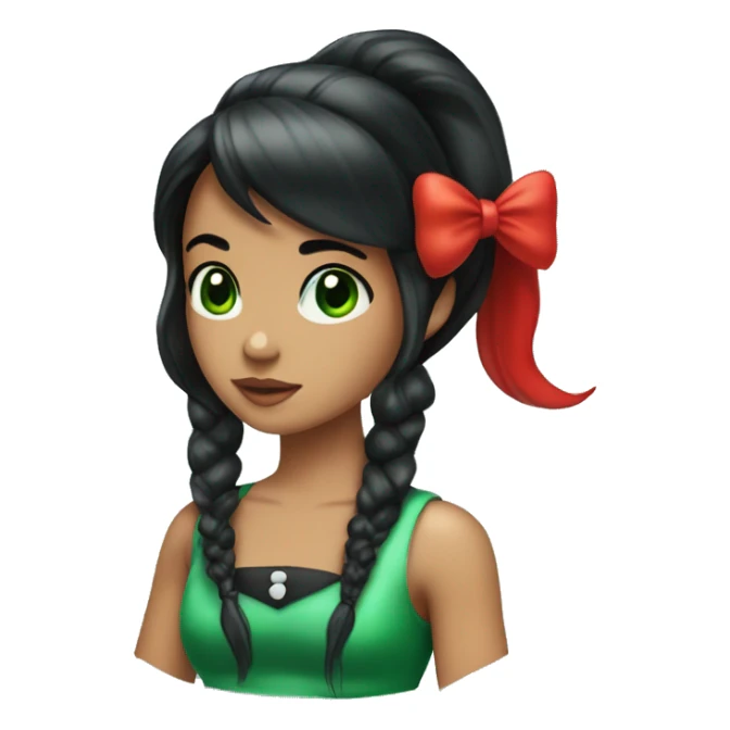 Mermaid with black hair in a ponytail with bangs swoop to the side, green eyes, red tail, white vest with green bows as buttons sticker