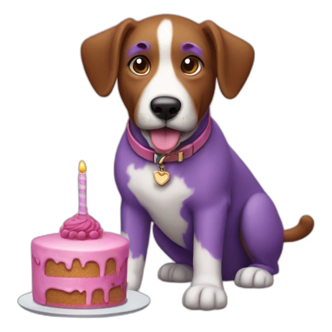 a purple dog with a brown nose and a pink collar with a bone eat cake sticker