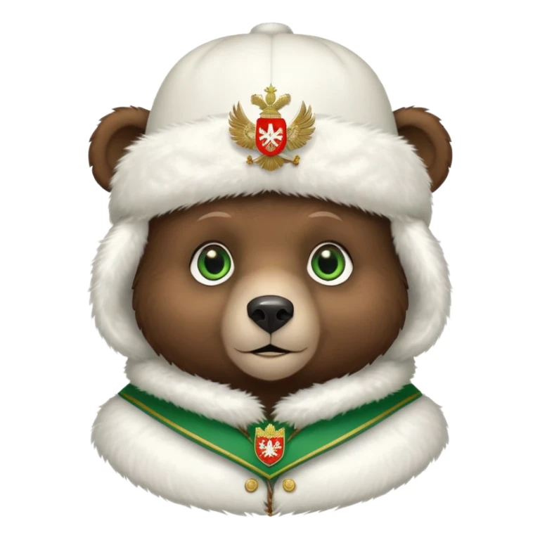 Very cute dark brown bear face with big green eyes and sweet expression, wearing a completely white fur hat with the Russian Federation coat of arms (double-headed eagle) in the center sticker