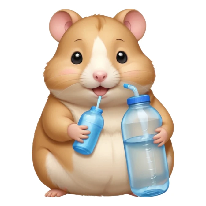 Cute chubby cartoon-style hamster hugging an oversized water bottle, sipping with tiny straw, happy expression. Painterly shading, expressive eyes, white background, sticker-style illustration sticker