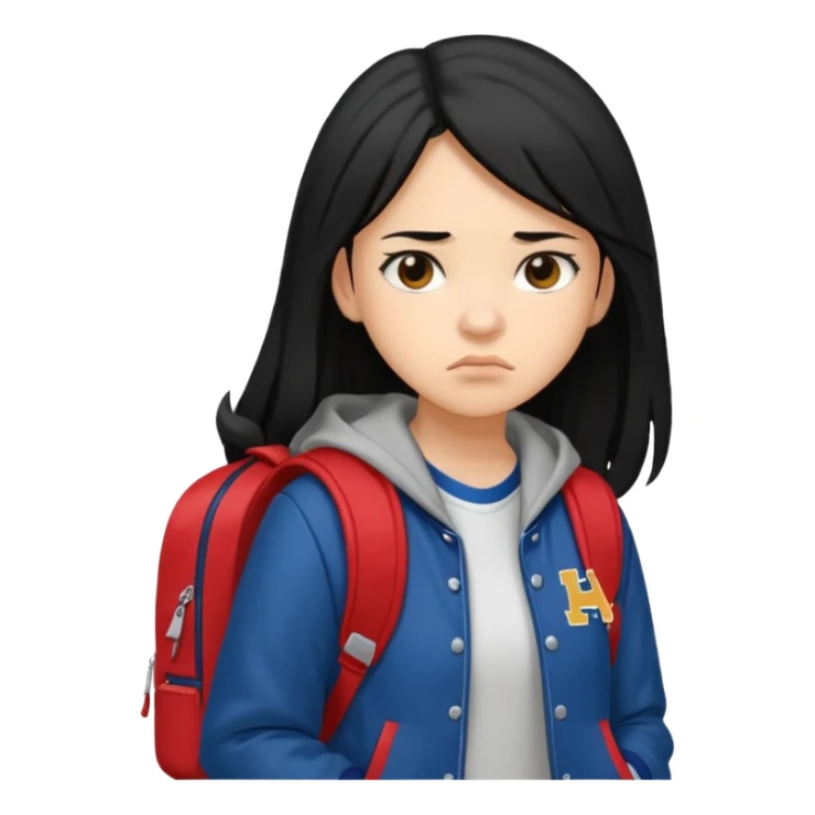 college student with annoyed face , black hair , with varsity jacket and backpack , girl, long hair,  sticker