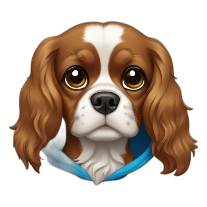 Fully Brown/golden, no white, cavalierk King Charles spaniel dog with blue hoodie on, over his head, happy, wagging tail sticker
