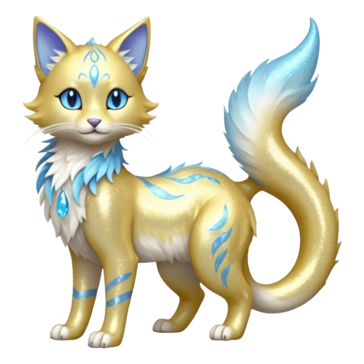 Pastel realistic divine glowing gold-glittery and light pastel blue glimmering glooming shiny glossy glittery holy cute elegant beautiful fantasy fae-feline-vernid-sergal-fursona animal creature with a tufted tail full body with intricate markings  sticker
