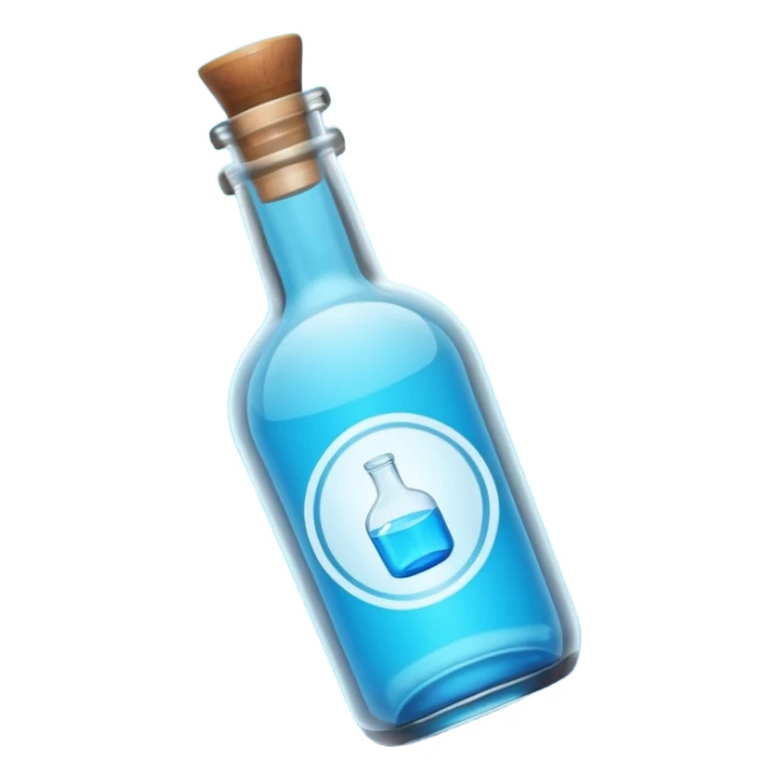 a neon blue motion tiled to the left with a round glass bottle no handle sticker